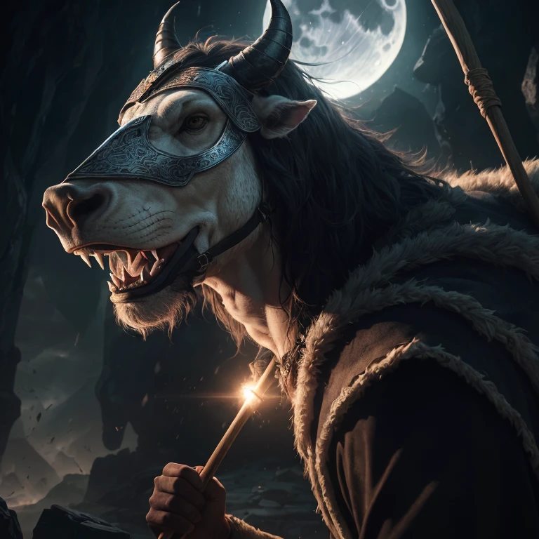 A very strong prehistoric ((man PivaArts)), wearing prehistoric animal skin clothes and a helmet with elongated horns, cape coming out of the helmet, black mask over his eyes, holding a prehistoric wooden club with magical powers, cover of The Mighty Mightor by Hanna Barbera, in a prehistoric world at night under a full moon,(best quality,4k,8k,highres,masterpiece:1.2),ultra-detailed,(realistic,photorealistic,photo-realistic:1.37),cinematic lighting,dramatic lighting,dramatic atmosphere,chiaroscuro,moody,mystical,fantasy,highly detailed,intricate details,cinematic composition,epic scale,intense detail