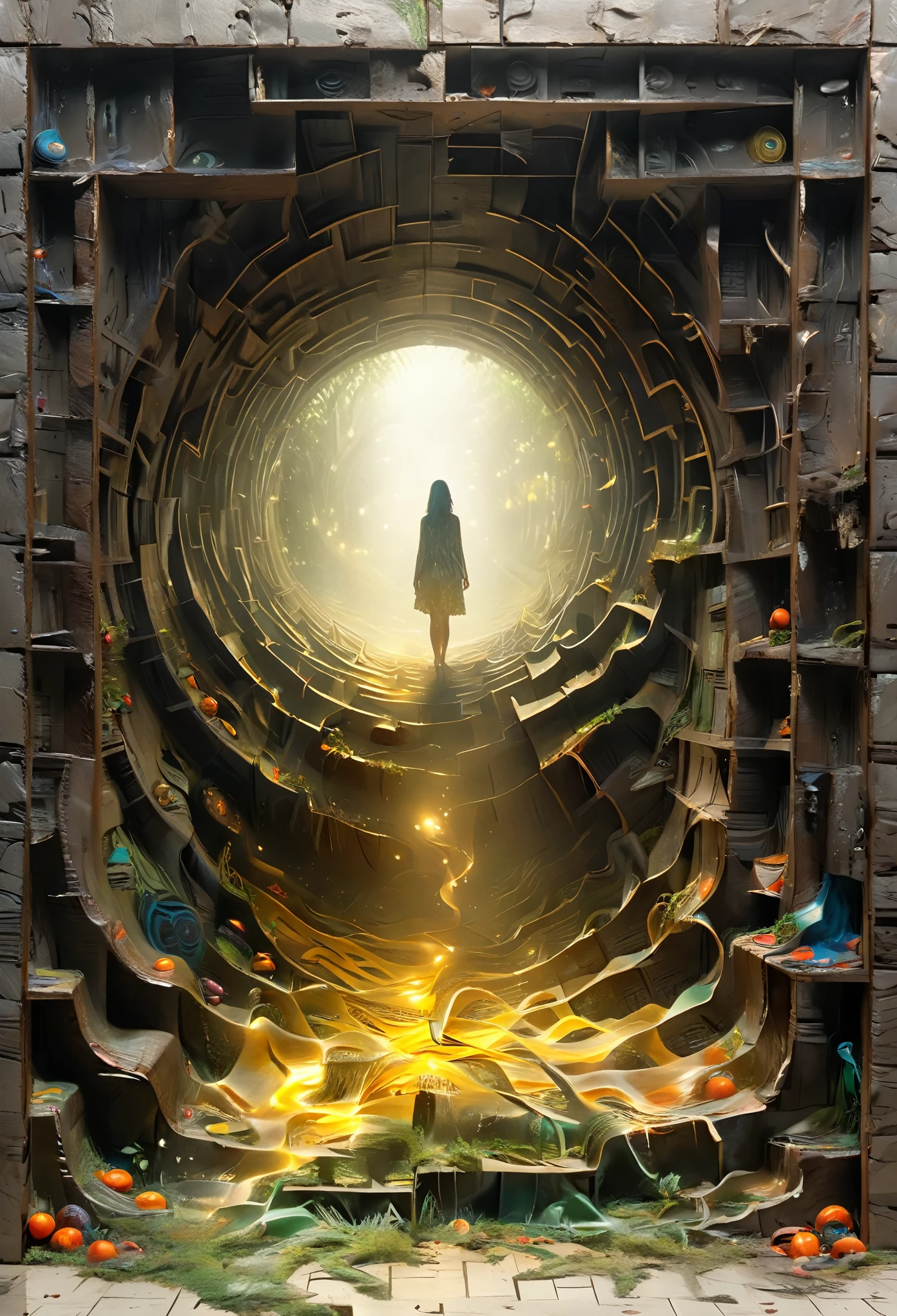 view of a labyrinth, peripheral vision of the labyrinth, very high and complicated maze to get out of, abandoned maze, woman entering the maze, woman in rags and barefoot, super detailed, super realistic, super quality, CRIE.