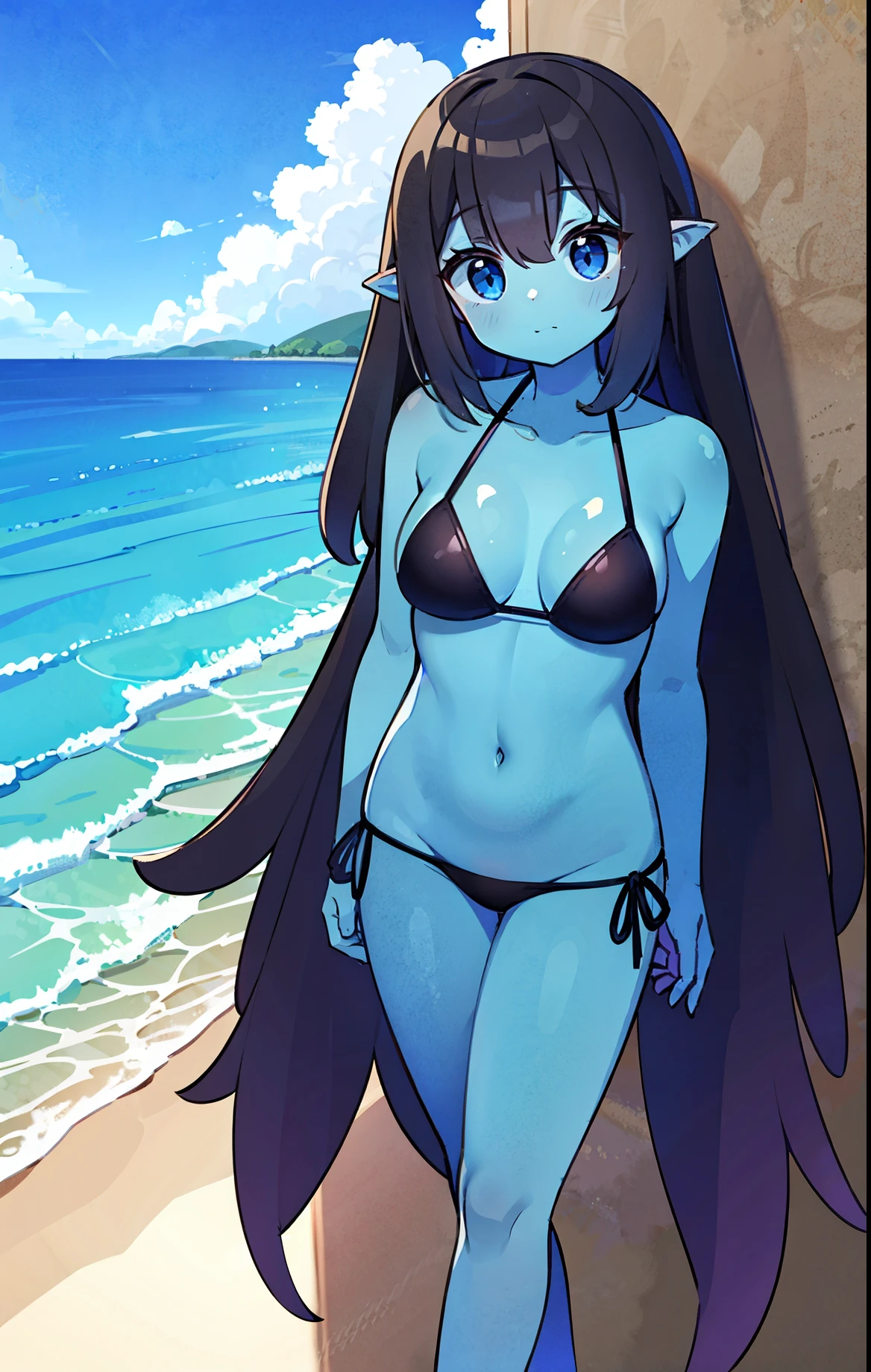 obra maestra, mejor calidad, The spirit, blue skin, outdoor, solo, lie down, full body, petite,pelo negro, long hair, pelo flotante, big tits, nipples, nude, ojos verdes, sun, beach, detailed beautiful ojos verdes, Eyelashes, sexy, big ass, open leg, beach kimono, tits close up, face close up