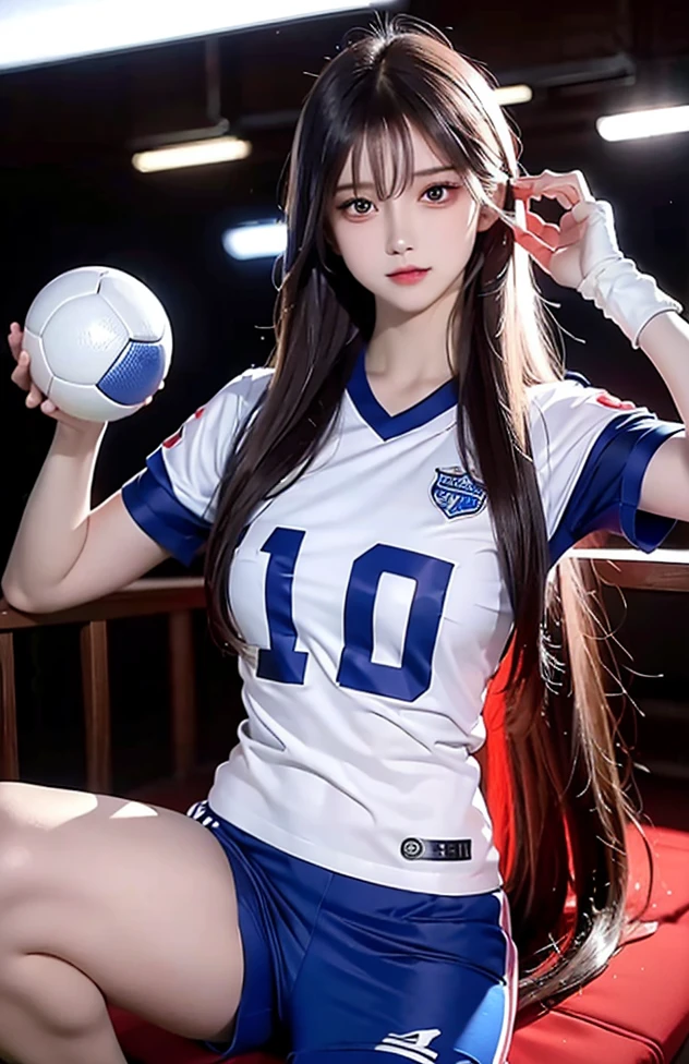 Hot girl, purple hair, blue eyes, wearing soccer player clothes