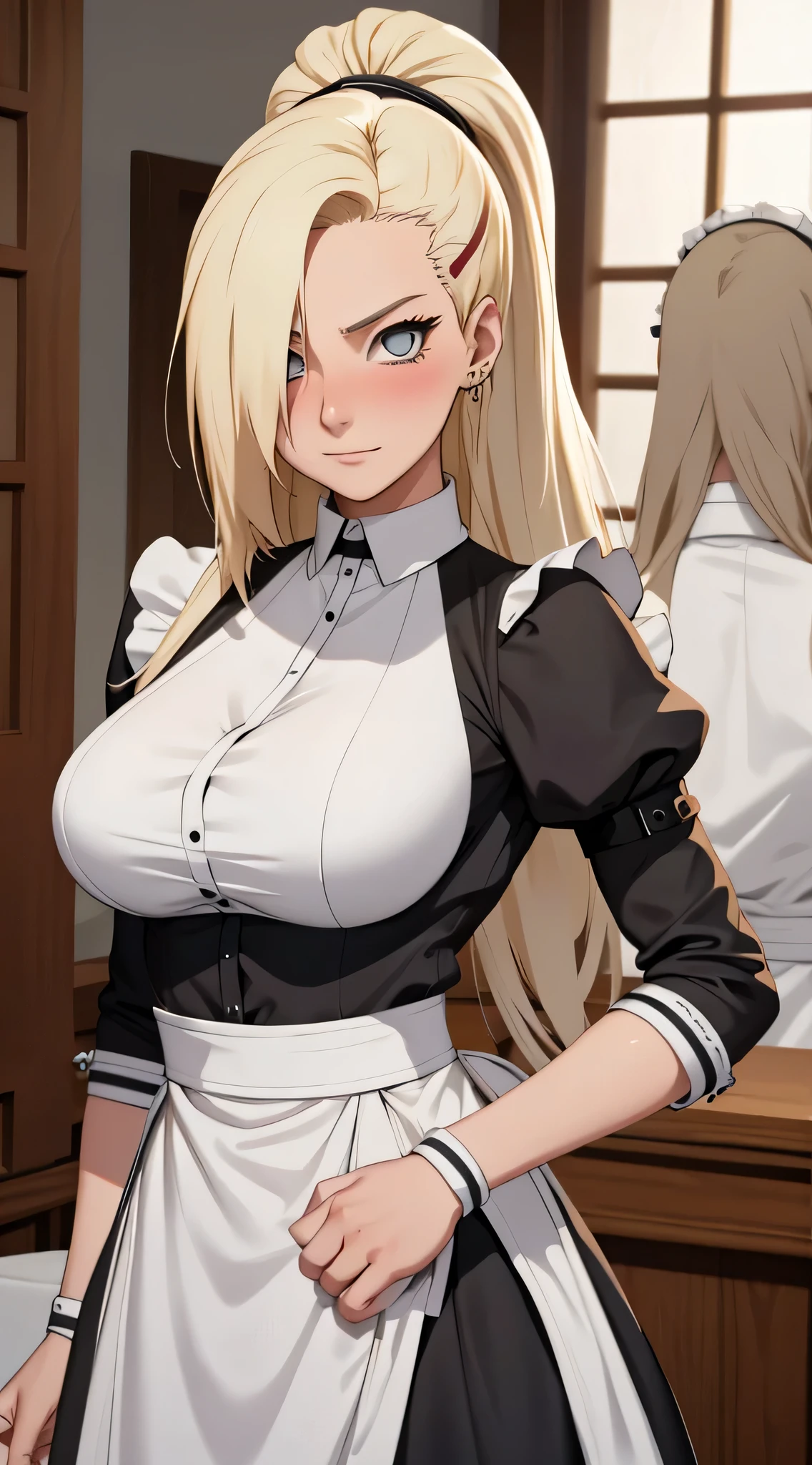 beautiful detailed girl, wearing big glasses, sexy short maid costume, sexy mini skirt, Chef in classic attire, ponytail, blonde hair, Pose with hands together, Youthful expression, large breast, huge buttock