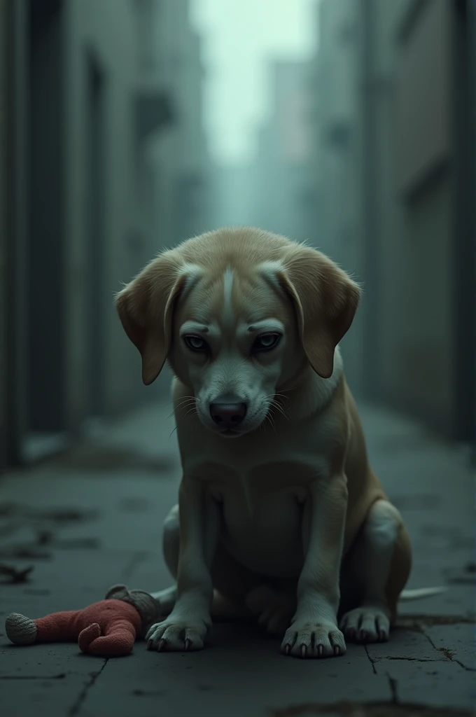 Make a white female dog, green eyes abandoned and hurt