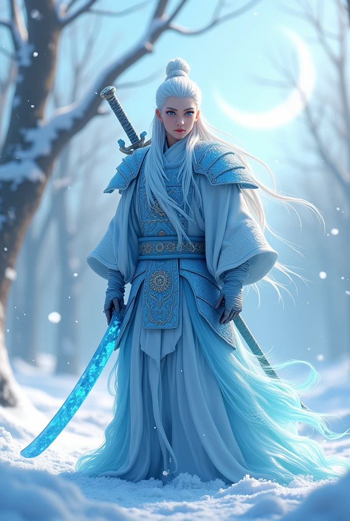 Create a samurai, man with long white hair tied with an ice katana with blue eyes and in an animation 