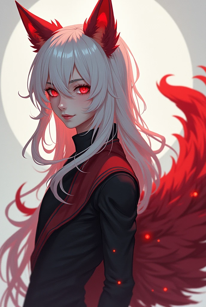 a menacing girl with white hair and red eyes, wearing distressed blue jeans, a black and red striped t-shirt, and a green coat, posing against a Red background, menacing look, (best quality,4k,8k,highres,masterpiece:1.2),ultra-detailed, dark fantasy