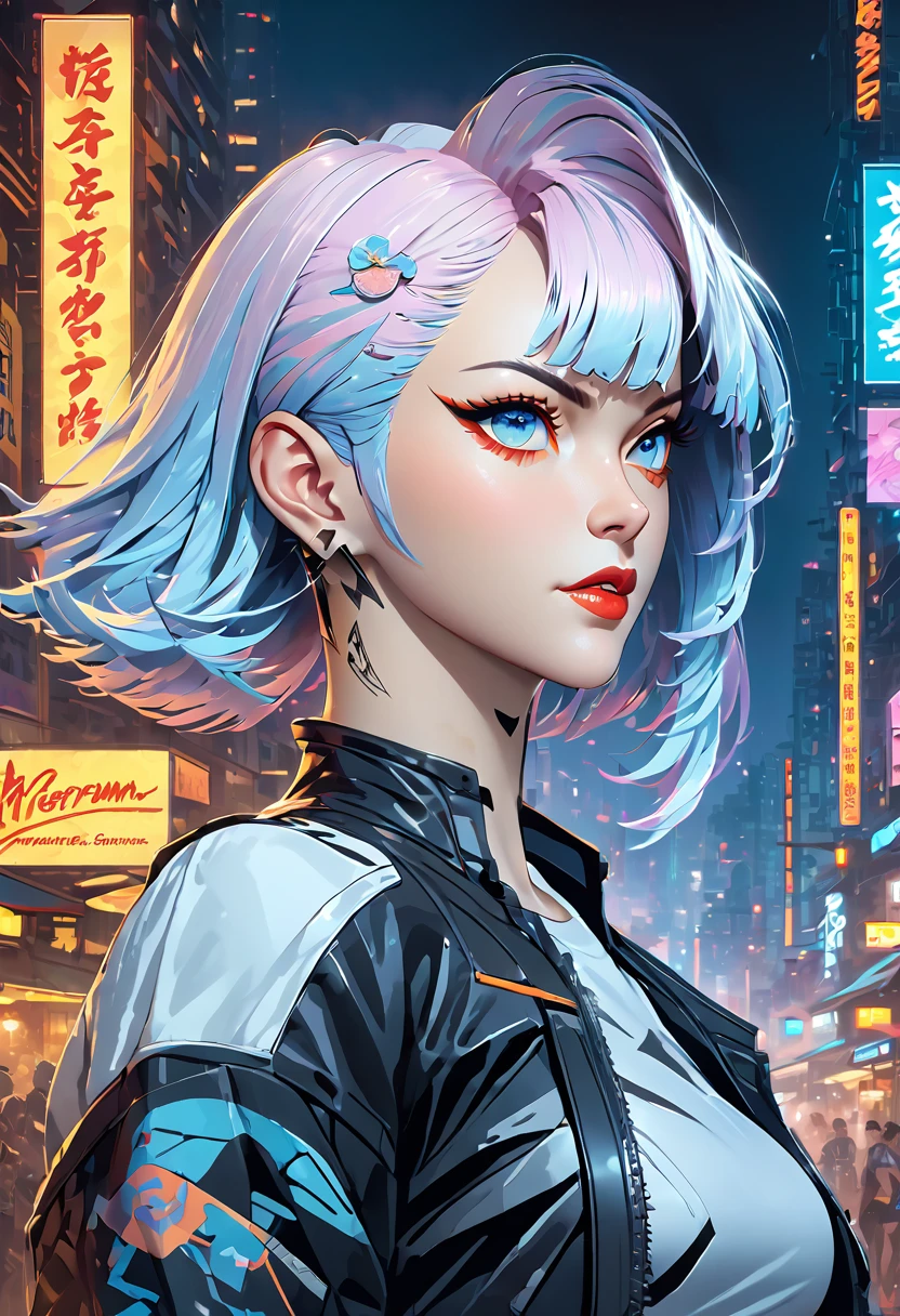 a woman with hair and a black shirt is standing in front of a neon city background with full moon, lois van baarle and rossdraws, portrait of lucy from Cyberpunk Edgerunners, artgerm and lois van baarle, rossdraws 2. 0, rossdraws 1. 0, rossdraws 2. 5, artgerm and rossdraws, artgerm comic, 8K image quality, Masterpiece black background with full moon, 8K image quality, Masterpiece