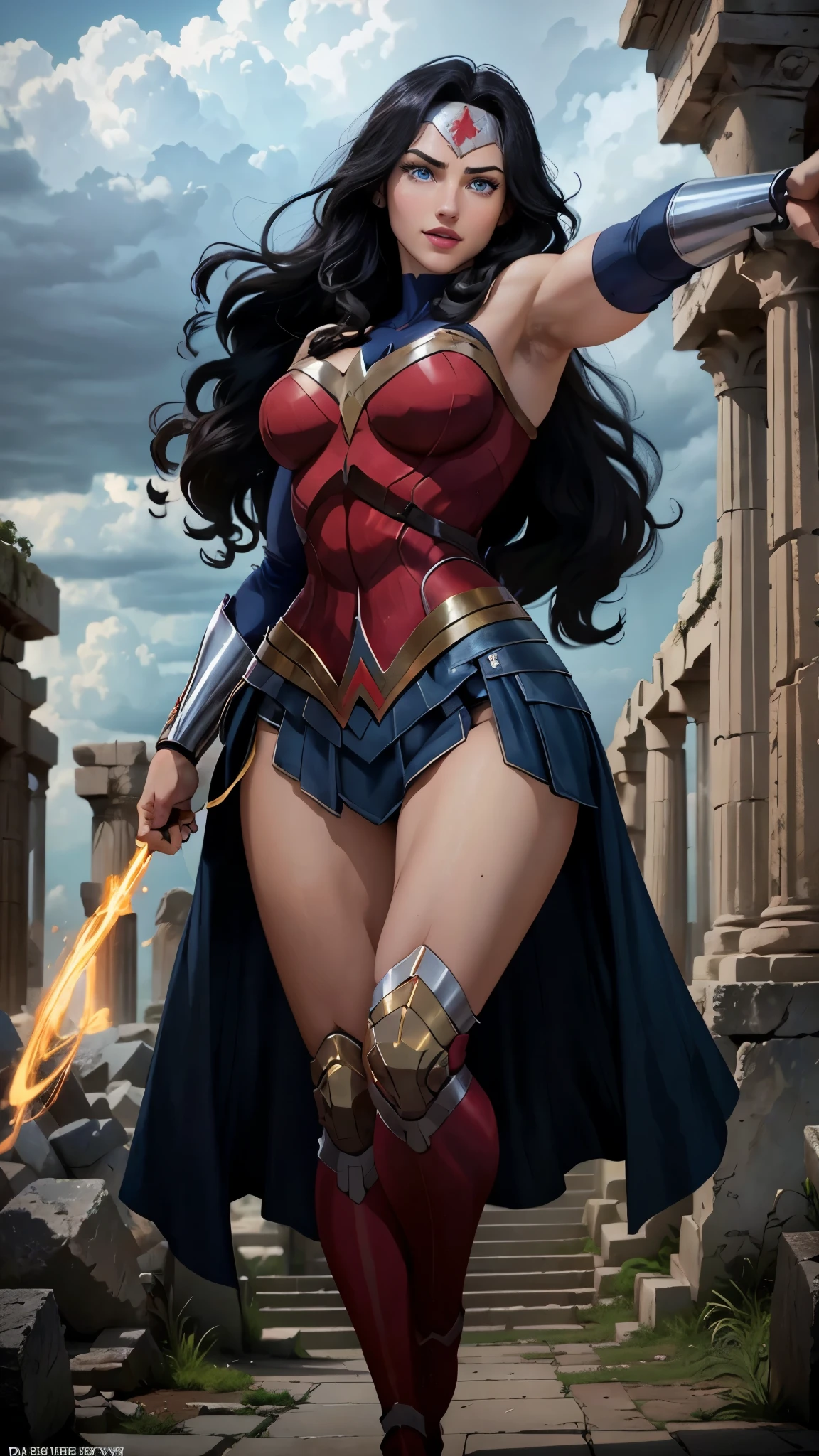 wonder woman da DC,(best qualityer,4K,8k,high resolution,work of art:1.2)(weather: cloudy), greek temple background, temple ruins, long curly hair, black hair, red top, blue micro shorts, red thigh high boots, diadem, spartan armor, dress trail, bracelets, long spartan cape, ultra detailed,portrait,realistic,beautiful detailed blue eyes, beautiful detailed lips,extremely detailed eye and face, long eyelashes,average,large breasts,flying hair,beaming smile, sexy smile,powerful girl, fighting pose, bright coloured, dramatic lighting,