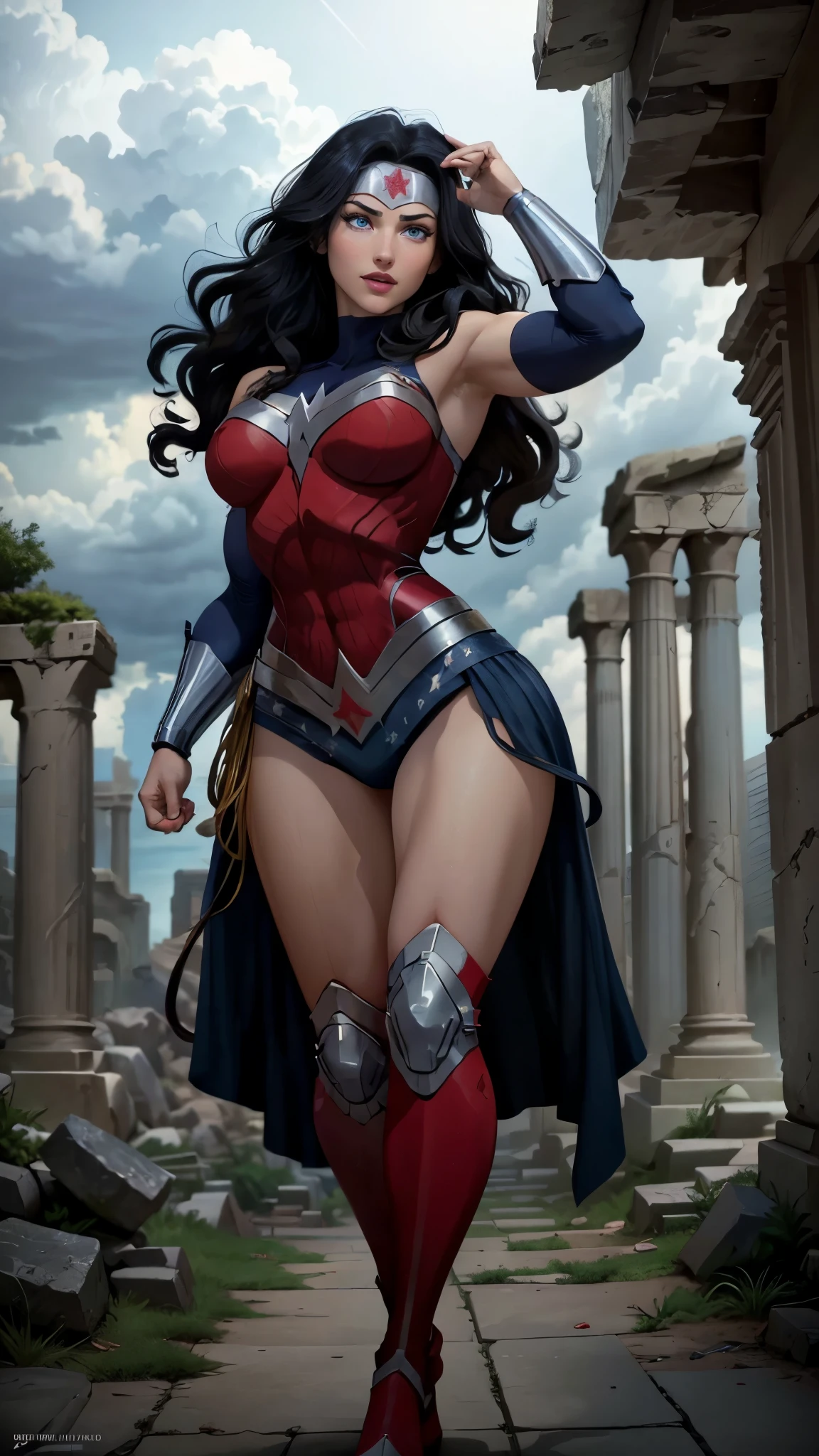 wonder woman da DC,(best qualityer,4K,8k,high resolution,work of art:1.2)(weather: cloudy), greek temple background, temple ruins, long curly hair, black hair, red top, blue micro shorts, red thigh high boots, diadem, spartan armor, dress trail, bracelets, long spartan cape, ultra detailed,portrait,realistic,beautiful detailed blue eyes, beautiful detailed lips,extremely detailed eye and face, long eyelashes,average,large breasts,flying hair,beaming smile, sexy smile,powerful girl, fighting pose, bright coloured, dramatic lighting,