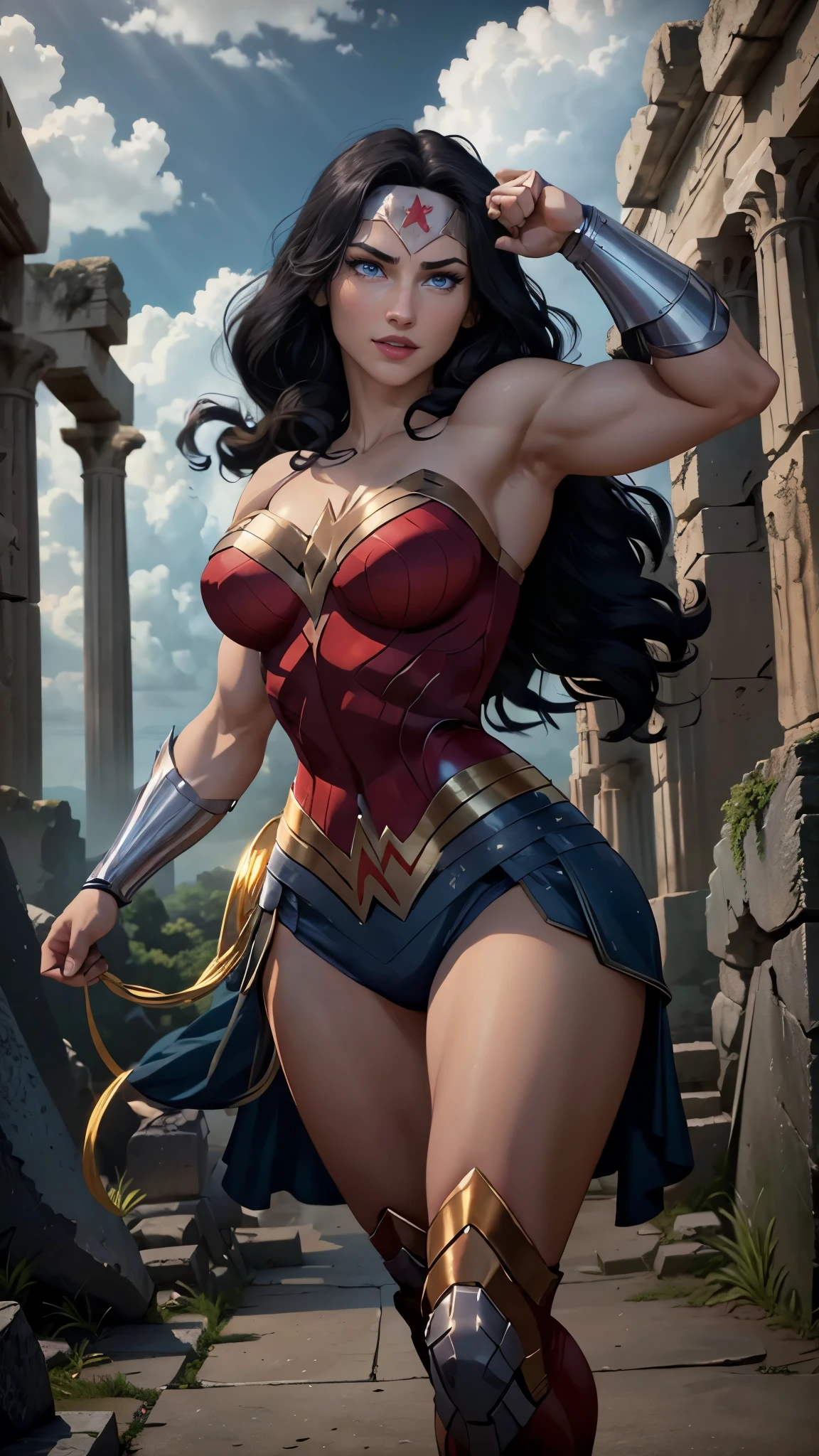 wonder woman da DC,(best qualityer,4K,8k,high resolution,work of art:1.2)(weather: cloudy), greek temple background, temple ruins, long curly hair, black hair, red top, blue micro shorts, red thigh high boots, diadem, spartan armor, dress trail, bracelets, long spartan cape, ultra detailed,portrait,realistic,beautiful detailed blue eyes, beautiful detailed lips,extremely detailed eye and face, long eyelashes,average,large breasts,flying hair,beaming smile, sexy smile,powerful girl, fighting pose, bright coloured, dramatic lighting,