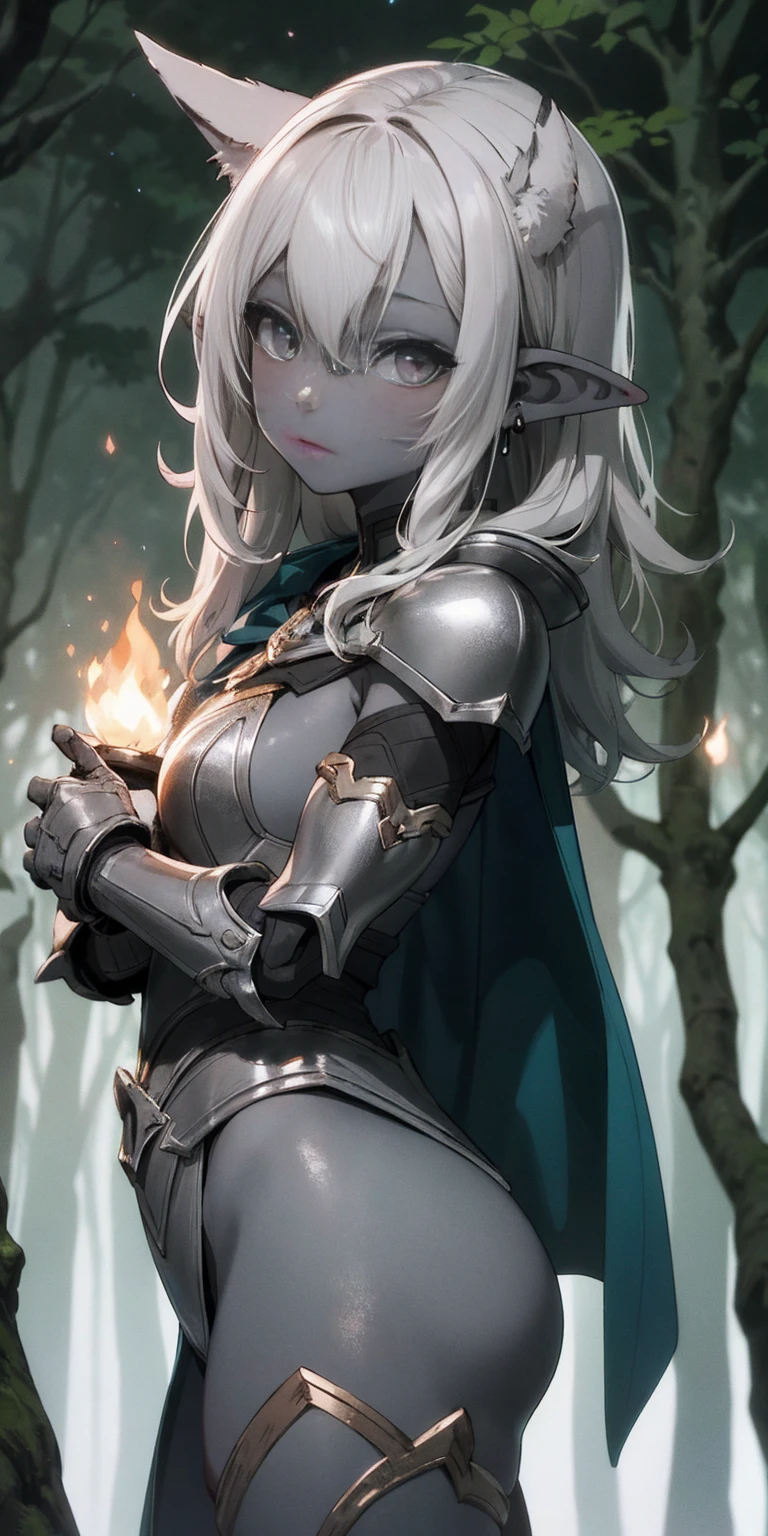 masterpiece, best quality, CG, wallpaper, HDR, high quality, high-definition, extremely detailed, drow, colored skin, dark elf, blue skin, grey skin, pointy ears, cape, armor, looking at viewer, 1girl, forest, dark forest, mythical forest, dimmed light, brown eyes, long hair, chibi