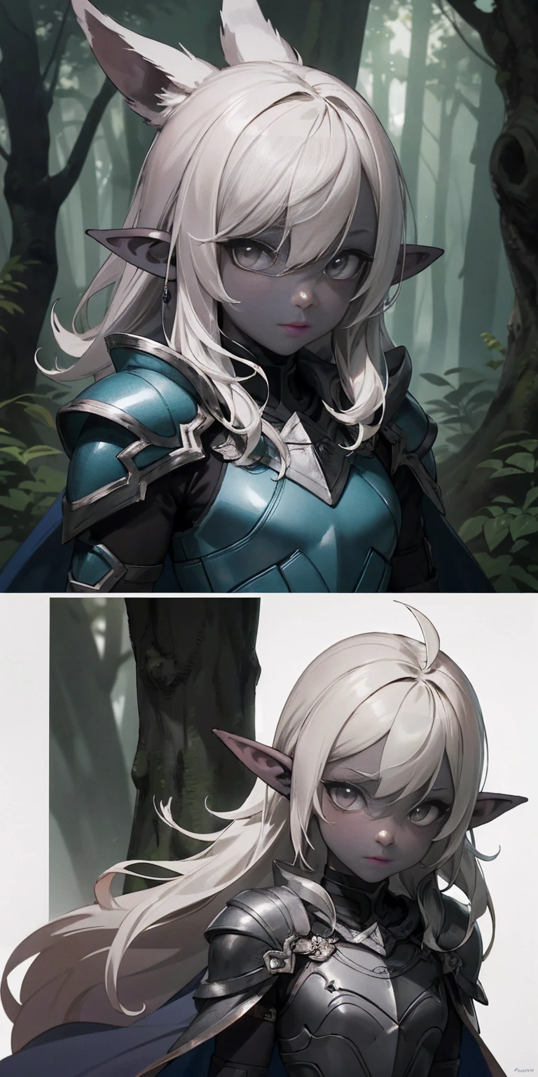 masterpiece, best quality, CG, wallpaper, HDR, high quality, high-definition, extremely detailed, drow, colored skin, dark elf, blue skin, grey skin, pointy ears, cape, armor, looking at viewer, 1girl, forest, dark forest, mythical forest, dimmed light, brown eyes, long hair, chibi