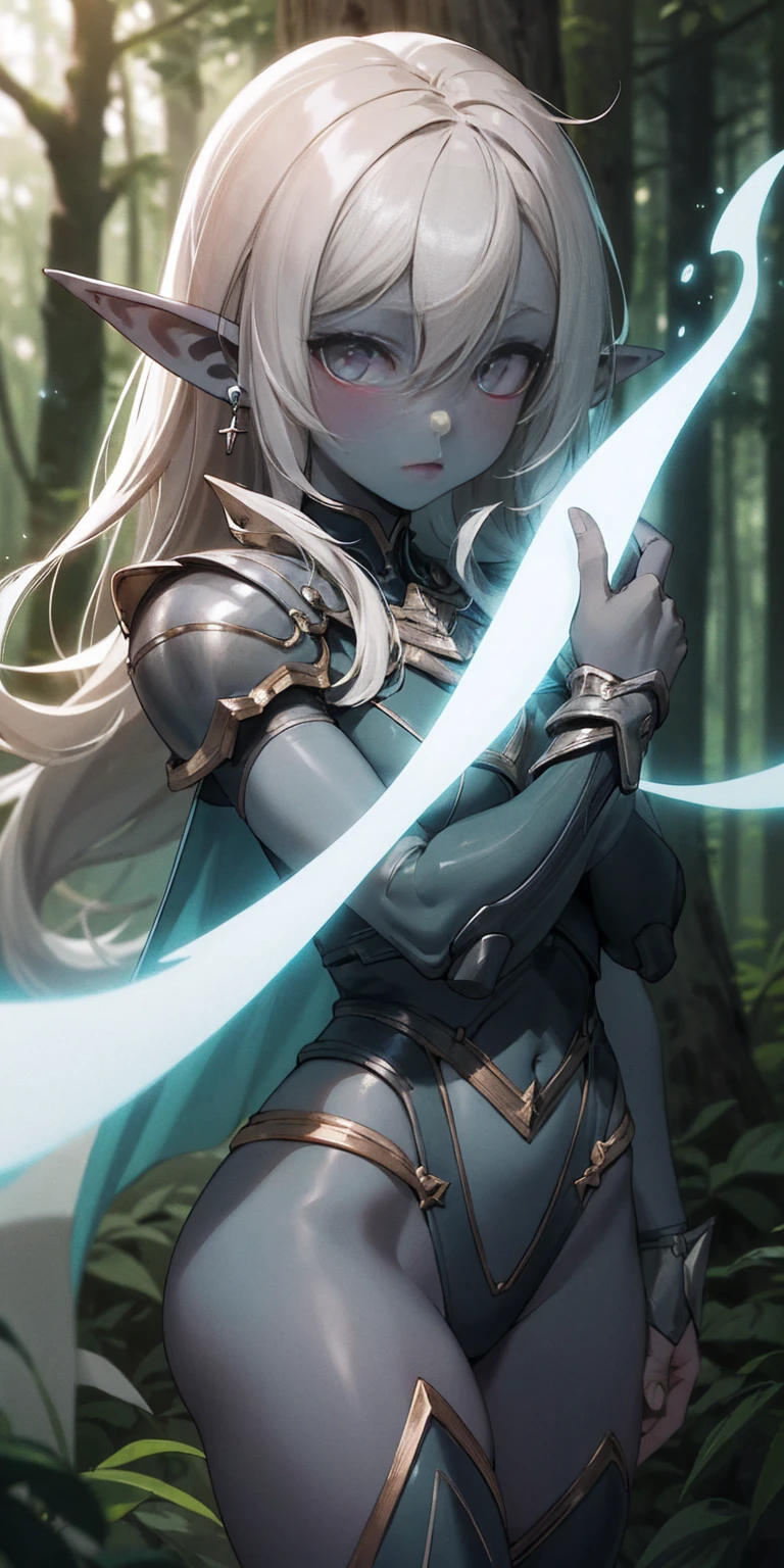 masterpiece, best quality, CG, wallpaper, HDR, high quality, high-definition, extremely detailed, drow, colored skin, dark elf, blue skin, grey skin, pointy ears, cape, armor, looking at viewer, 1girl, forest, dark forest, mythical forest, dimmed light, brown eyes, long hair, chibi