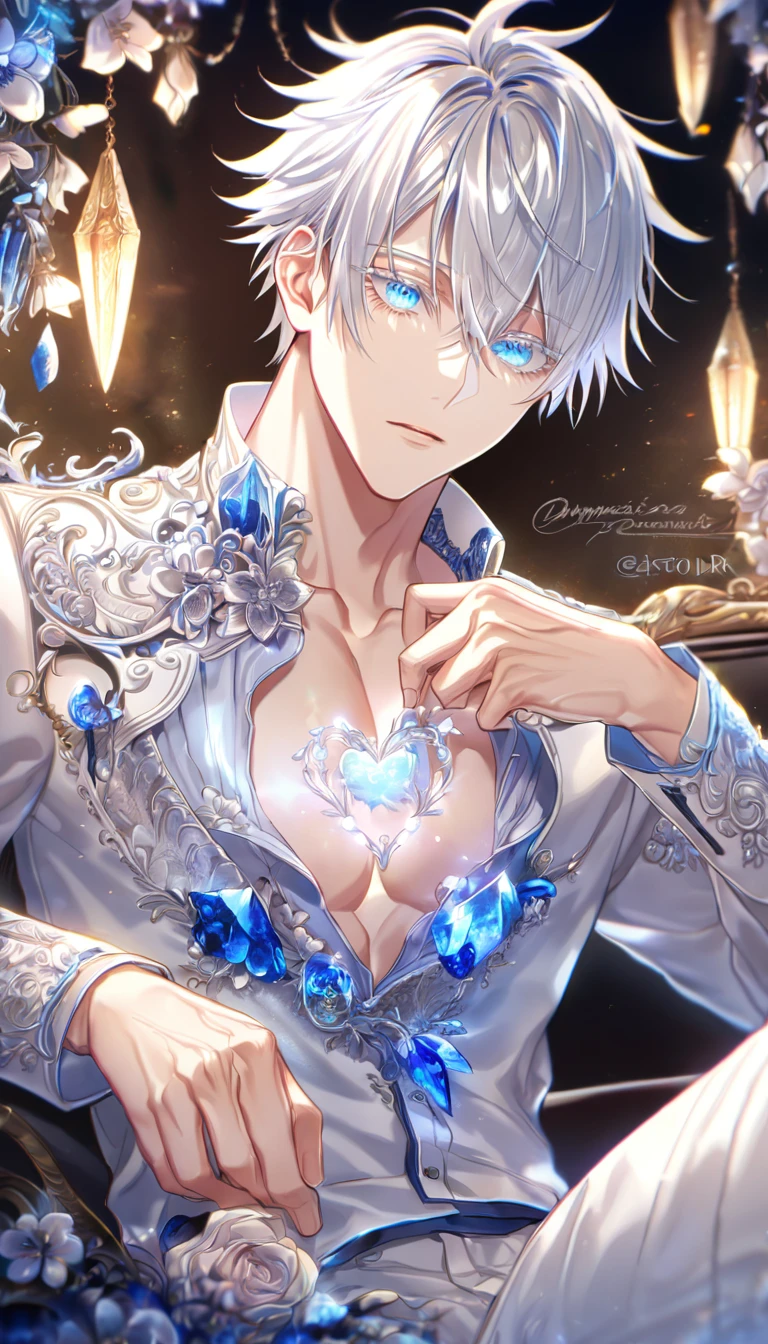 (handsome male:1.4),male focus,muscle,<lora:mansatorugojo-10:1>,satoru gojo,white hair,short hair,hair between eyes,blue eyes,colored eyelashses,<lora:liuli2:1.2>,cowboy_shot,