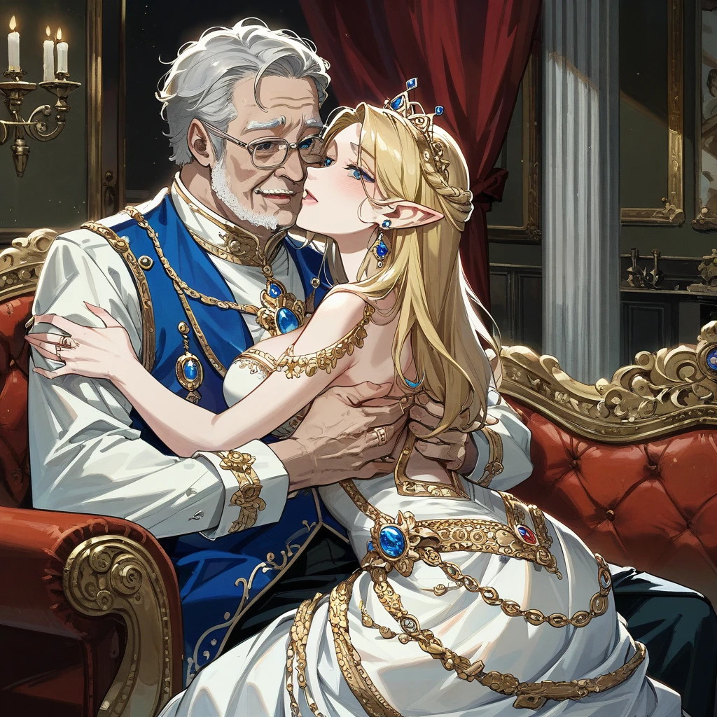 ((Best Quality)), ((masterpiece)), (detailed), （Perfect Face）、The woman is Seras Ashlain, a blonde elf queen wearing a gorgeous royal white dress, adorned with gorgeous jewelry and an engagement ring.、On a large, luxurious sofa, a woman and an elderly man are embracing each other, embracing each other as they make love.、The old man is the king、The woman only thinks about having sex with her husband.