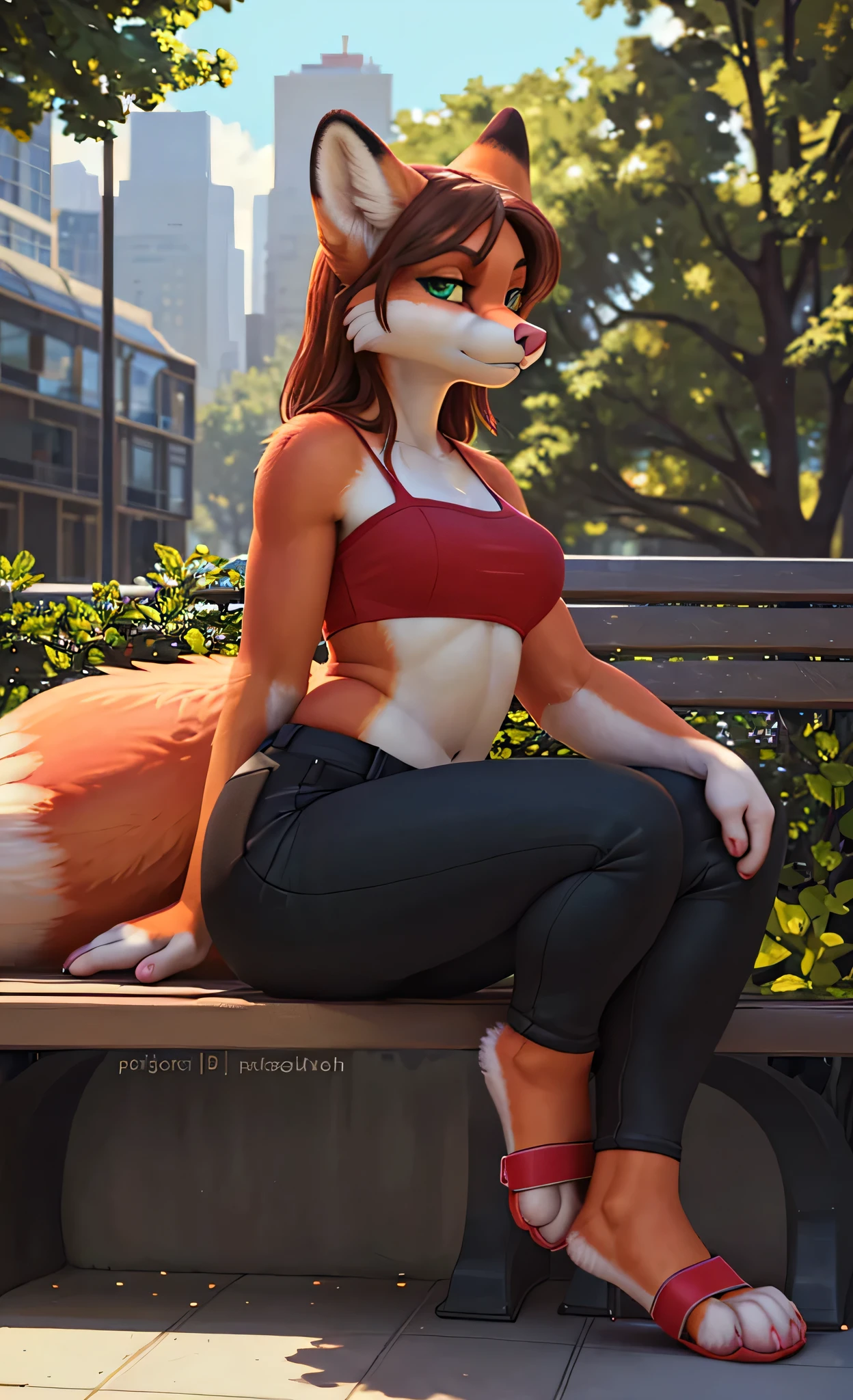 account_9, account_8_up, account_7_up, From the author: Wyla Anthropomorphic furry female Midinight Lucanroc, red eyes, big breasts, wide hips, her legs crossed, wears a pink top, short denim shorts, sits on a park bench, Night time, Dusk, street lamp lighting