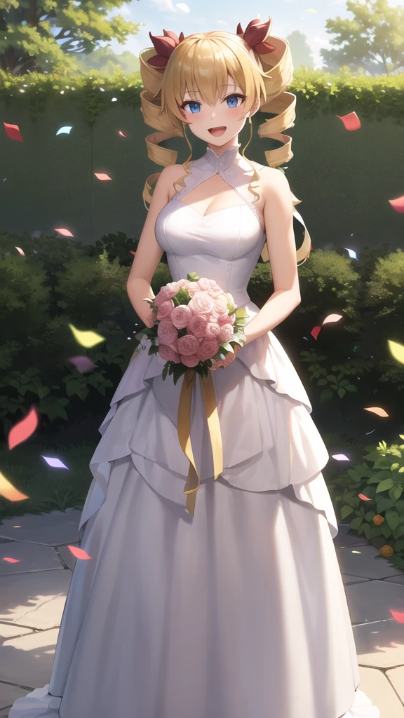 masterpiece, best quality, highres, aaharvey, long hair, twintails, twin drills, hair ribbon, wedding dress, standing, garden, confetti, holding bouquet, smile, open mouth,