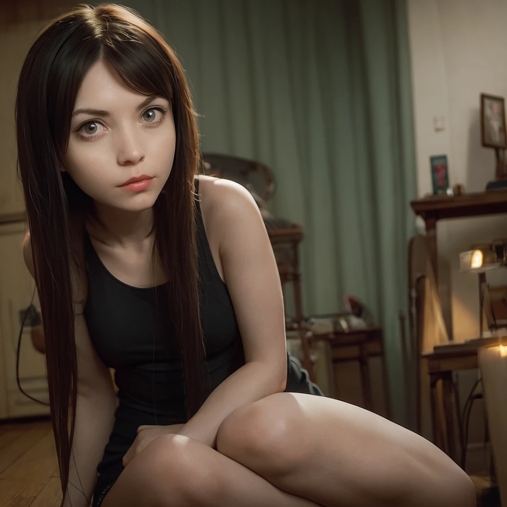 A young woman in her early twenties with long, dark brown hair and pale skin, sits in an intimate indoor setting. Her expression is intense, and her large, round eyes gaze directly at the viewer with a sense of mystery and focus. She is seated on a dark stool or box, leaning slightly forward with her hands resting on her knees. The room is dimly lit, with muted, neutral walls and a wooden floor. Cables rest on the floor, adding a raw and informal aesthetic.