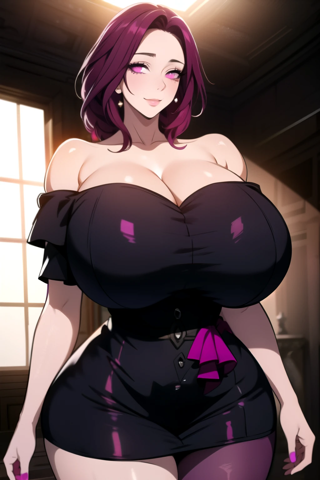 masterpiece, best quality, absurdres, 8k, perfect shadows,perfect lighting,hdr, cowboy shot,shiny skin,skindentation, beautiful body, kafka, ((magenta hair: 1.4)), long hair, purple eyes,  ((minidress:1.4) , (off-shoulder dress:1.1), complex detailed background, (inside palace:1.4)) (gigantic breasts,hourglass body, thin waist,very slim waist)extremely detailed face,detailed eye makeup, detail face, nice detailed eyes,nice hands, perfect hands (realistic pupils,realistic iris:1) heavy eye makeup,,standing,standing at attention,(seductive smile), (gigantic breasts: 1.4), curvy,cleavage, bare shoulders, (bare shoulders:1.4), (strapless:1.4) 