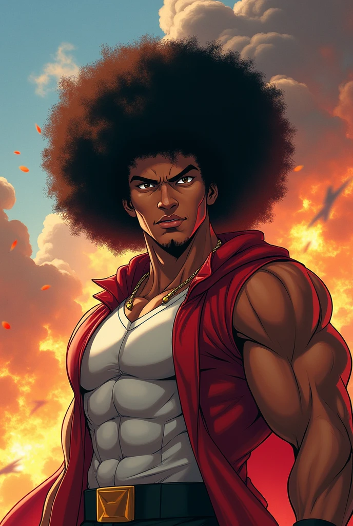 A muscular and sensual young wild afro black werewolf, with bright red eyes, all bald and with a goatee wearing a leather jacket, standing with a big old giant classic super motorcycle through a small town in the interior of the country at night with an evil entity watching among the stars and with a young beautiful blonde woman in a sexy uniformed police officer standing next to him very well armed with a mischievous smile right next to him.