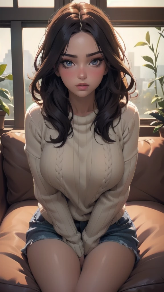 Sexy woman, perfect hair, amazing makeup, seductive gaze, blushing intensely, ready to kiss, long oversized sweater, sitting comfortably on couch, window, natural light beaming through window, beautiful face, seductively gazing at us, very seductively provocative smirk, sultry look, seductive, 