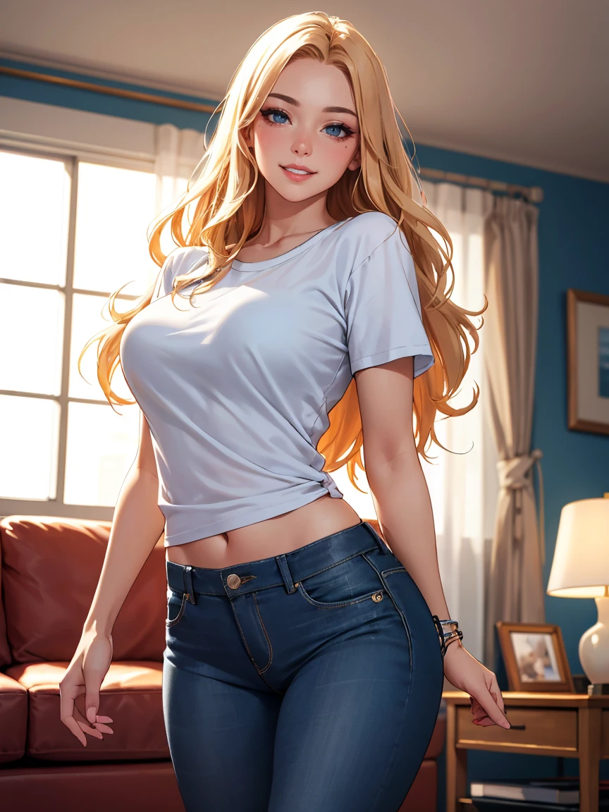 realistic,realphoto,highest quality, masterpiece, Beautiful and detailed eyes, (Sunburn), Japanese、Denim mini skirt、Blonde Wavy Hair, Skirt length 12cm、Short mini skirt、Low-rise mini skirt、White panties、Gradient Hair, Pink highlights in hair, Big Breasts, Are standing, compensate, Glossy lips, Fuller lips, (Natural light), In the room, night, かわいいDenim mini skirtスーツ, A shy smile, stomach, clavicle, in love, Cute gestures