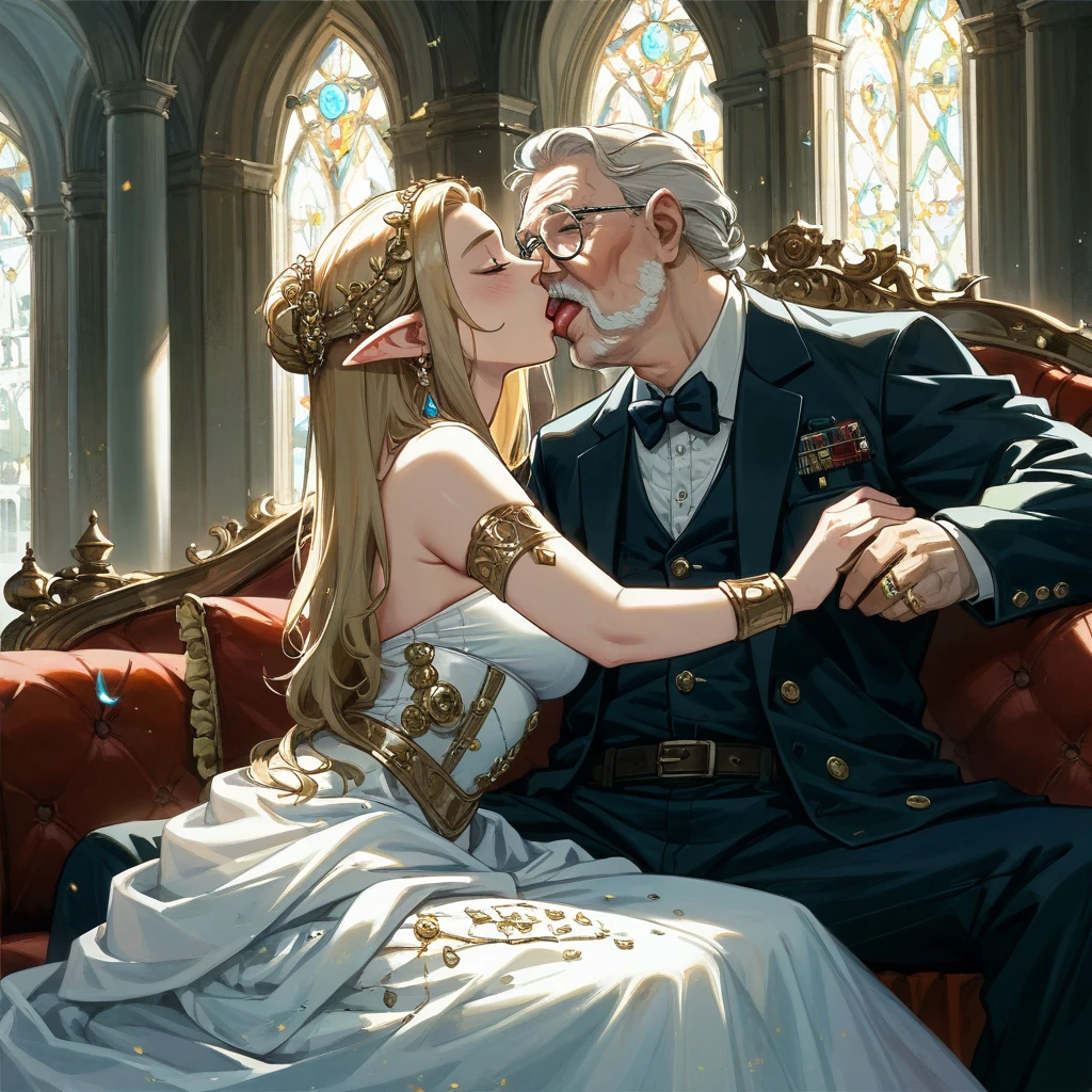 ((Best Quality)), ((masterpiece)), (detailed), （Perfect Face）、The woman is Seras Ashlain, a blonde elf queen wearing a gorgeous royal white dress, adorned with gorgeous jewelry and an engagement ring.、On a large, luxurious sofa, the woman embraces the elderly man, kissing him deeply and making love with his tongue.、The old man is the king