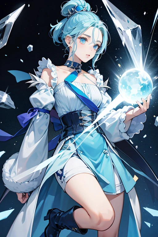 (Highest quality、Highest quality、Masterpiece、Very delicate、Very detailed、Exquisite、16K、Full HD)、1 female、(Ayaka Kamisato、Genshin Impact)、(Light blue mini skirt flare dress、Silver embroidery、Skirt in the wind、ribbon、White frills)、Perfect body line、Glowing Skin、(Groomed eyebrows、Pink Lips、Light blue eyes、Detailed eyes)、(Light blue hair、ponytail、Shiny Hair)、Dynamic Pose、Dramatic lighting、(Vortex、snow、ice、Starry Sky)