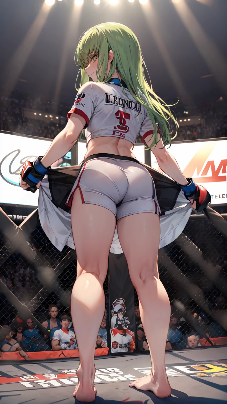 CC_Code Geass, Hair between the eyes, Very long hair 1 person, Bright light, smirking, alone, full body shot, Fighting, (masterpiece, Highest quality), 8k, Intricate details, (on MMA Arena :1.5), (wearing MMA uniform:1.5, white tops and black bottoms:1.3), belly button,Slender body,Slim,((Highest quality)), Sharp focus: 1.2, Highly detailed face, Highly detailed eye,Toned stomach,(from behind, from below),