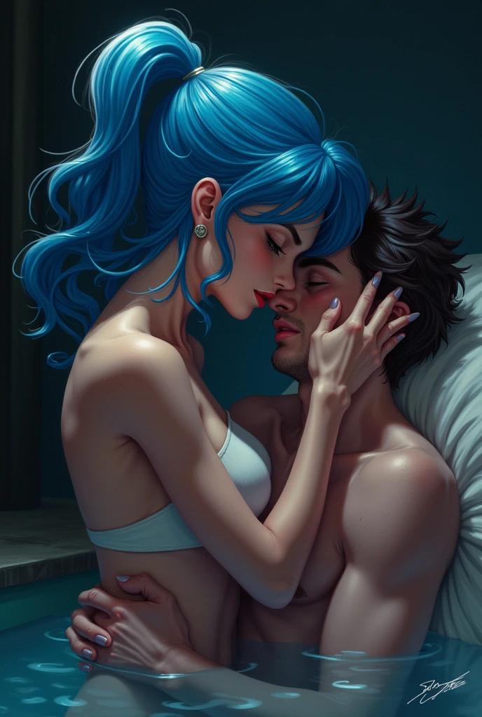 A naked purple haired green eyed girl kissing a naked purple haired purple eyed boy