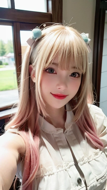 (8K, 4K, Best Quality, hight resolution:1.2), (maasterpiece, Realistic, photographrealistic:1.37), 1girl in, Solo, Beautiful face, Eyelashes, Nose, Glossy lips, (Detailed eyes, Looking at Viewer, Fair skin, White skin:1.5), fine complexion, Upper body,
Large breasts, busty, , (:1.5),
outdoor bath,
two side up, absurdly long hair, Blonde hair, Pink hair, Bangs, Hair Ornament, Bow,
Younger, aged down,
