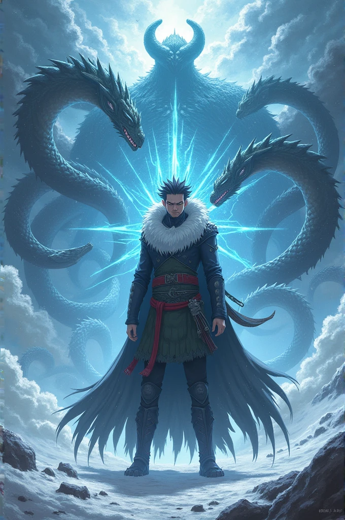 A man in a heavy coat and climbing gear standing on top of a mountain, looking up at the northern lights in the shape of an Asian dragon with it's mouth open looking down at the man.