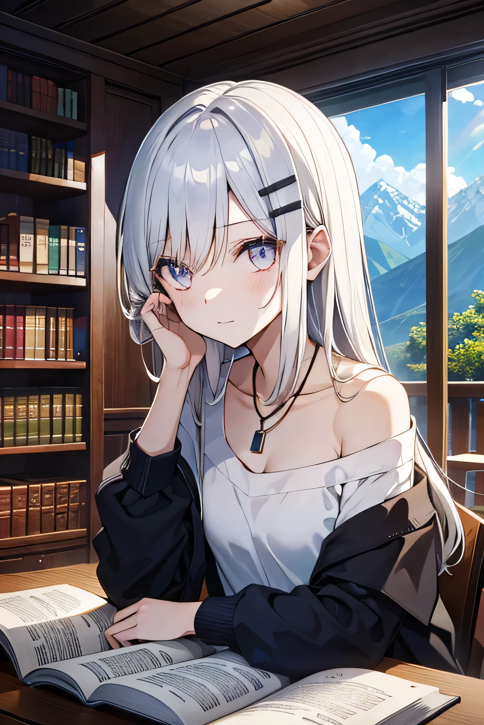score_9, score_8_up, score_7_up, 1girl, long hair, (straight hair), downturned eyes, bangs, (white hair), hair clip, short eyelashes, silver eyes, pale skin, medium breasts, collarbone, slender, v collar, gray shirt, [shorts], silver necklace, off-shoulder, (take a book from the bookshelf), [wooden table, plant, glass curtain], bookcase, blue sky, (mountains: 1.12), wooden wall, stairs, (walkway in background, lamp), (in the library), (close-up of the face), (looking at viewer), perfect lighting, strong sunlight
