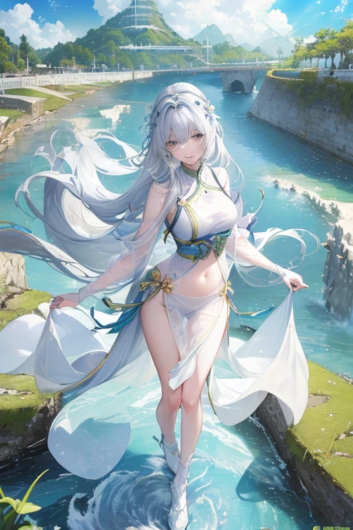 shenhe_\(genshin_impact\), hiten kei style, claude monet, oil painting, masterpiece, hyper realistic, realistic skin, best quality, 1girl, lakeside, large breasts, huge nipples, erect nipples, looking at another, topless, full body, vector illustration, nipples, light smile, blunt bangs, long hair, stomach, navel, bare shoulders, white hair, braided, wet, soaked, raining, sarong, loincloth, black pantyhose, red tassel, magnolia leaves, autumn, sky, hands up, arched back, stretching, open mouth, bored, waterfalls, cliffs, falling leaves