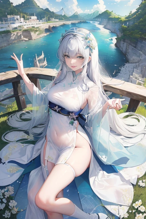 anime girl with big breast in water with a sword, seductive anime girl, guweiz on pixiv artstation, detailed digital anime art, beautiful alluring anime woman, trending on artstation pixiv, white haired deity, ahegao, azur lane style, from the azur lane videogame, guweiz, anime goddess