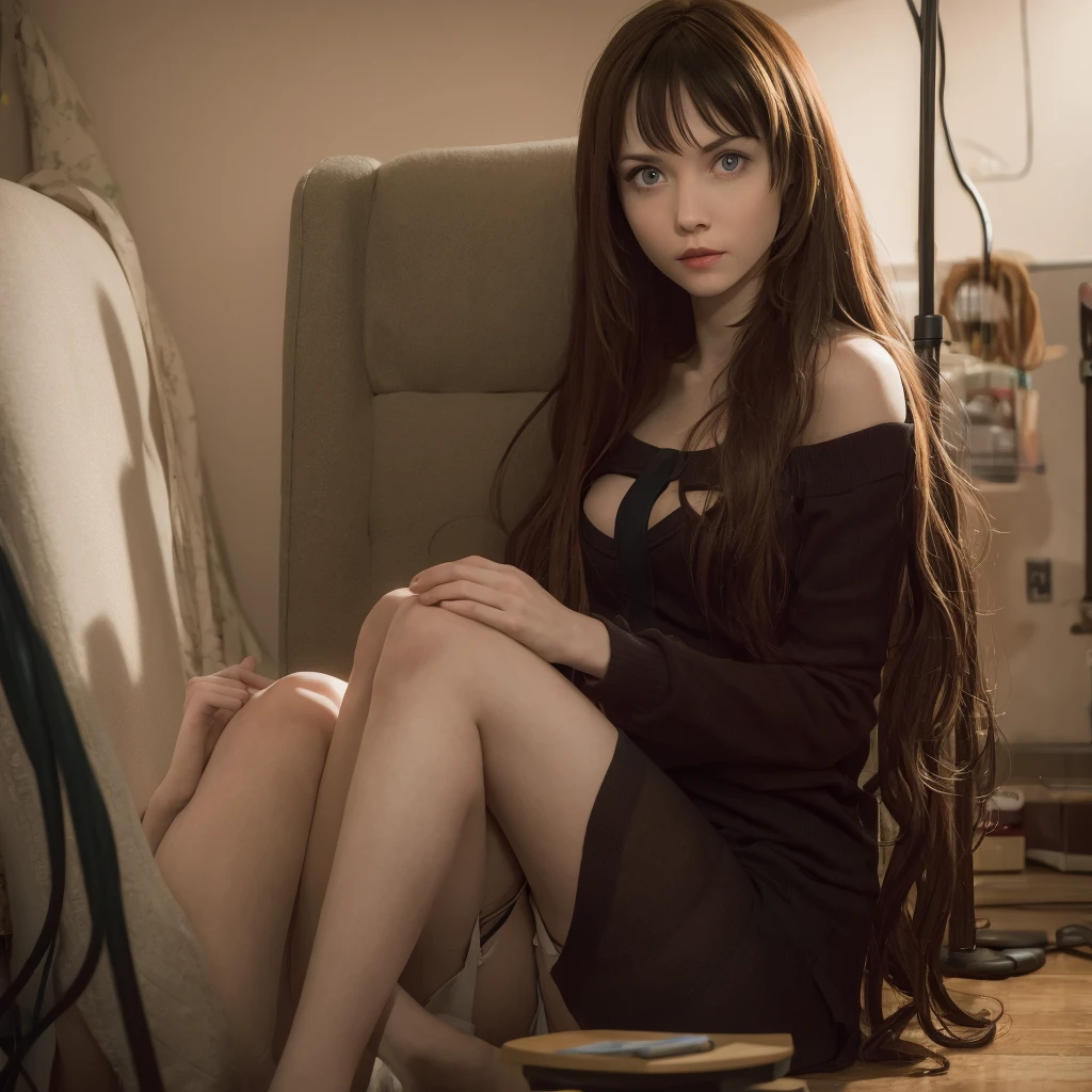 A young woman in her early twenties with long, dark brown hair and pale skin, sits in an intimate indoor setting. Her expression is intense, and her large, round eyes gaze directly at the viewer with a sense of mystery and focus. She is seated on a dark stool or box, leaning slightly forward with her hands resting on her knees. The room is dimly lit, with muted, neutral walls and a wooden floor. Cables rest on the floor, adding a raw and informal aesthetic.