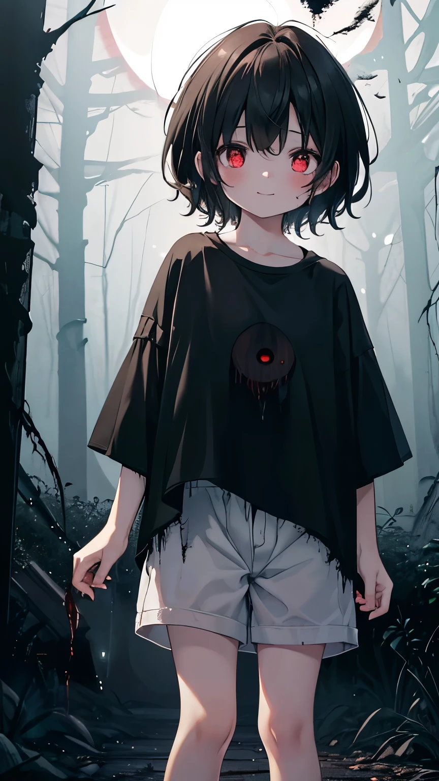 (Overhead view), dynamic angle, ultra-detailed, illustration, close-up, straight on, 1boy, ((short, messy hair, worn simple clothes:1.4, tired eyes)), His expression shows deep sadness and hopelessness, (dark forest:1.2), (tall, shadowy trees), (faint light filtering through branches:1.1), (slightly slumped shoulders), (walking alone), (night:1.2), [[detailed facial features and expression:0.85]::0.95], (emotional tension), (moody atmosphere).