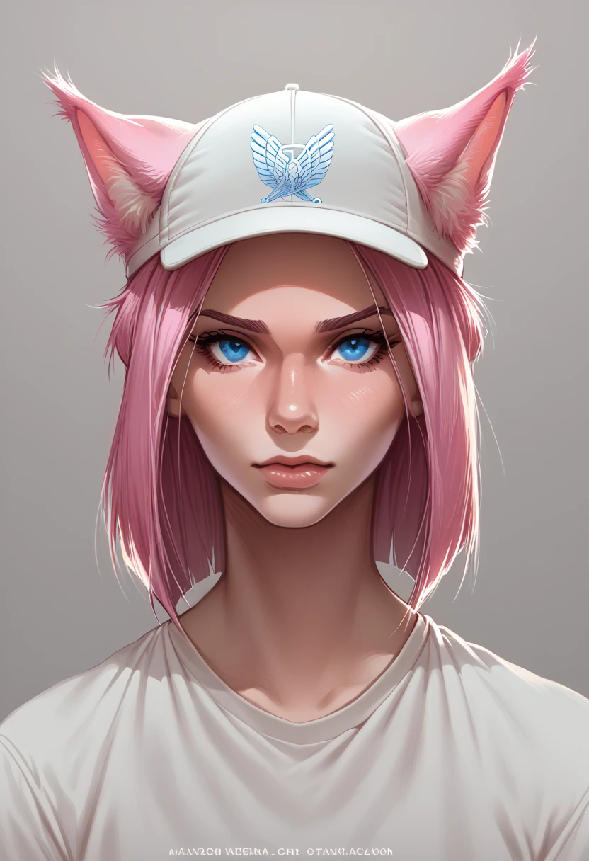 Feralia is a feline titan with a slender and agile body., covered in a soft, shiny, light pink fur. It has large, bright blue eyes., pointy ears and sharp claws. In your head, there is a kind of cap with ears identical to yours, and also a white band that surrounds his forehead