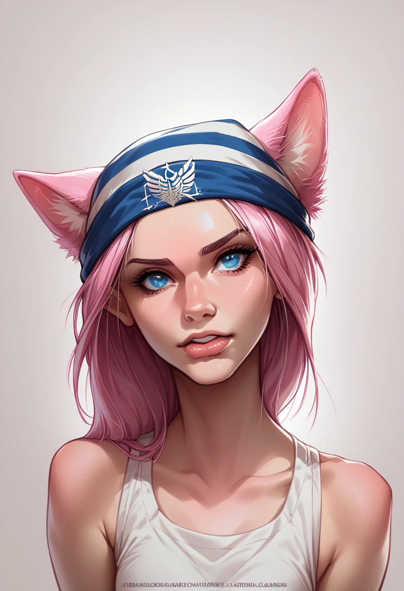 Feralia is a feline titan with a slender and agile body., covered in a soft, shiny, light pink fur. It has large, bright blue eyes., pointy ears and sharp claws. In your head, there is a kind of cap with ears identical to yours, and also a white band that surrounds his forehead