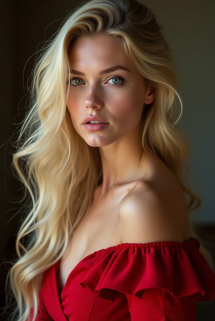 1 female, intense light blonde hairintense light blonde, straight hair, blue eyes, delicate face, pale skin, young, Smile, red dress, natural medium breasts, (low neck), (nude, full body), Cowboy Shot, Shapely breasts, realistic, Surreal beauty, charming beauty, 8k