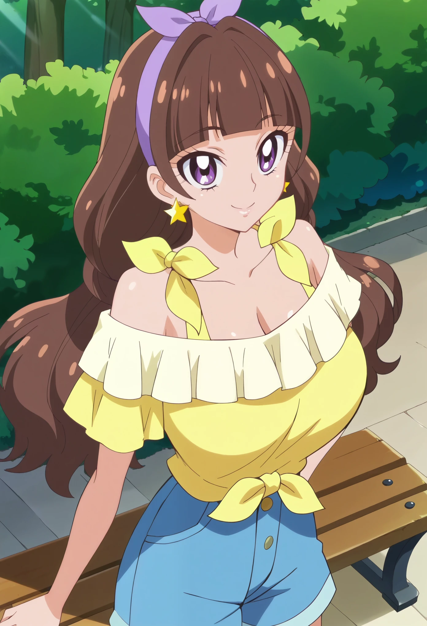 kirara, casual, score_9, score_8_up, score_7_up, official art, anime screencap, source_anime, 1girl, huge breasts, solo, looking at viewer, park, bench, siiting, from front, from above, smile