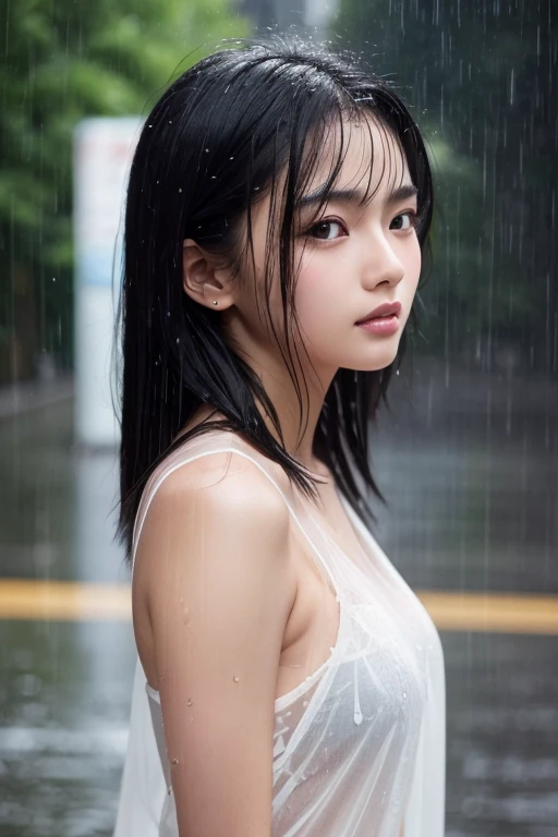 highest quality, masterpiece, Super high resolution, Photoreal, Raw photo, ((one beautiful woman)), 22 years old, detailed face, beautiful eyes, Depth of bounds written, city street, wet in the rain, Completely naked, Wet and see-through t-shirt, small breasts, faint lips, wet hair, wet body, water droplets on the skin, (look into the viewer's eyes)