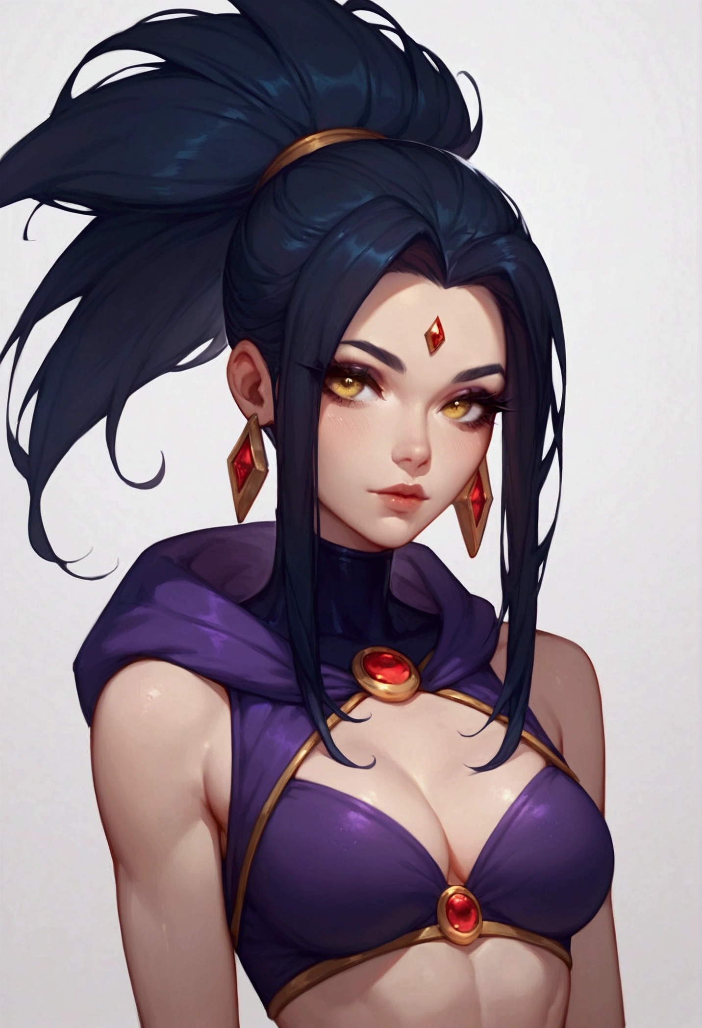 score_9, score_8_up, score_7_up, Akali (league of legends), 1 girl, yellow eyes, black hair, sexy, squinty eyes, earrings, long eyelashes, sexy, pretty face, dressed as Raven (Teen Titans) in purple,