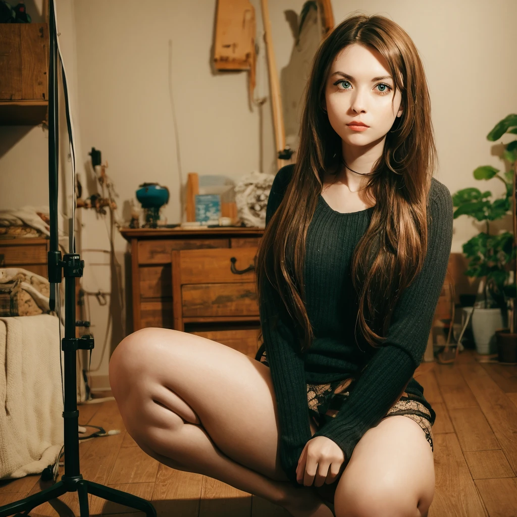 A young woman in her early twenties with long, dark brown hair and pale skin, sits in an intimate indoor setting. Her expression is intense, and her large, round eyes gaze directly at the viewer with a sense of mystery and focus. She is seated on a dark stool or box, leaning slightly forward with her hands resting on her knees. The room is dimly lit, with muted, neutral walls and a wooden floor. Cables rest on the floor, adding a raw and informal aesthetic.