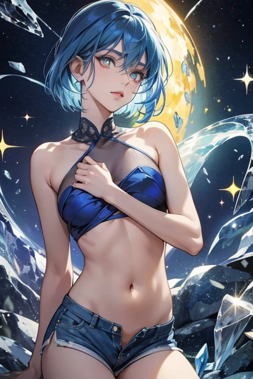 best image quality、highest quality、8K、Upper body、swimsuit、thighs、light blue hair、bob hair、blue eyes、starry sky、beautiful eyes、stomach、Navel、white wings grow