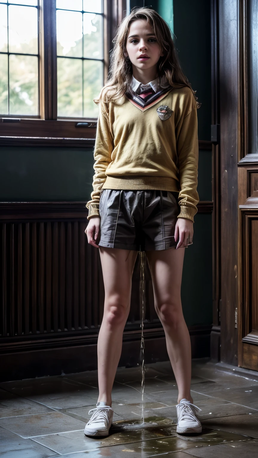 (realistic, photo-realistic:1.4), (best quality, masterpiece), RAW photo, high resolution, intricate details, extremely detailed, sharp focus, professional lighting, (full body), solo, 1girl, (a yo Hollywood actress, Emma Watson as Hermione Granger), (wearing a Hogwarts school uniform), pale skin, fine-textured skin, cute and child-like face, seductive pose, lewd look, (detailed face, detailed eyes, beautiful pupils, sophisticated nose),
(peeing self, pissing a lot, urinate forcefully in front, urination:1.5), (pee puddle, pee stain:1.2),
photo background, indoors, in Hogwarts School of Witchcraft and Wizardry,