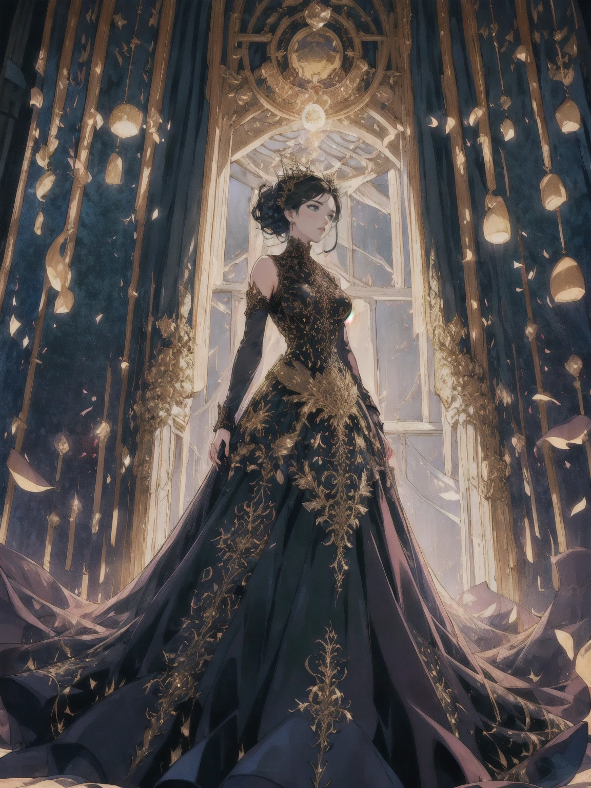 Lira stands in the center of a moonlit garden, her presence captivating in a luxurious black Victorian gown. The dress, made of rich velvet, clings to her figure with a structured bodice that is meticulously embroidered with intricate golden patterns, swirling like ancient runes. Delicate gold filigree lines her high collar and cuffs, adding a regal touch. The gown’s voluminous skirt spills around her in heavy layers of black silk and lace, with subtle golden accents glinting as they catch the moon’s silver light. The hem of her dress sweeps the ground, creating the illusion that she is gliding, almost floating.

Her wings, large and radiant, extend from her back, their translucent blue surface shimmering with a soft, celestial glow. The veins of her wings pulse with life, their blue hue intensifying as they catch the moonlight, creating an ethereal contrast against the darkness of her gown. These wings are delicate yet powerful, with edges that seem to flicker between the material and the immaterial, making her appear as though she is part of the night sky itself.

Lira's long black hair cascades down her back in soft waves, blending seamlessly with the fabric of her dress, while her ocean-blue eyes glimmer with both wisdom and mystery. She stands tall, her posture regal, her gaze fixed on the distant horizon. Around her, the garden is alive with the scent of night-blooming flowers, their petals brushing against the trailing edges of her gown, as if drawn to her otherworldly aura. The scene is bathed in the soft glow of the full moon, casting long shadows and highlighting the gold accents on her gown, making Lira appear as a mystical queen, both grounded and ethereal, powerful and untouchable.