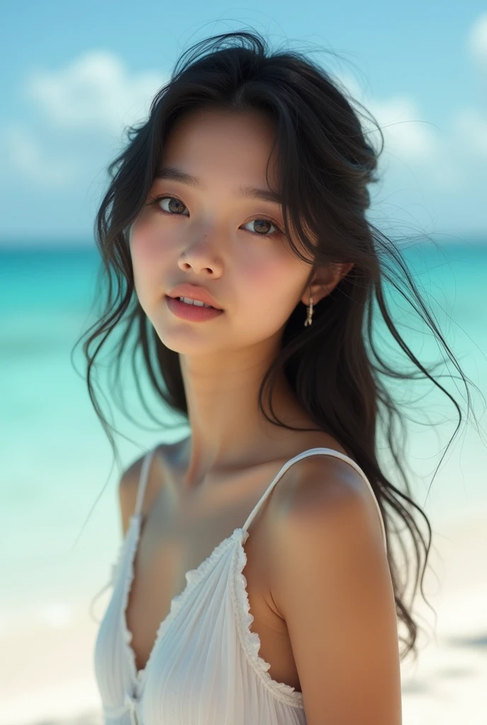High resolution, (((Highest quality, Highest quality, 8k, masterpiece: 1.3)), Perfect Style, Highly detailed face and skin texture, Detailed eyes, double eyelid, Pale Cheeks, Glowing Skin, Fair skin: 1.2, Shiny little collar and earrings, Glossy Lips: 1.4, (Cowboy Shot),( Standing on the beach),( Pure girl: 1.2), (Colorful Bikinis:1.3), ( Dark brown hair),Semi-long hair, (A very seductive smile: 1.2), (Natural Breasts), Wet Skin: 1.2, Beach,Southern Island, Clean background、whole body、(Splash),