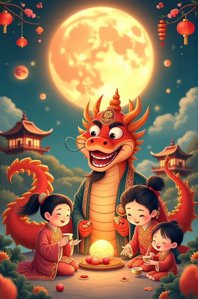 A picture of a mid-autumn night, with a bright moon, children playing lantern parade and lion dance under the moonlight, lanterns are realized: children holding black stars flying up to the sky, carp lanterns swimming happily under the lake, children riding lions, riding moon cakes