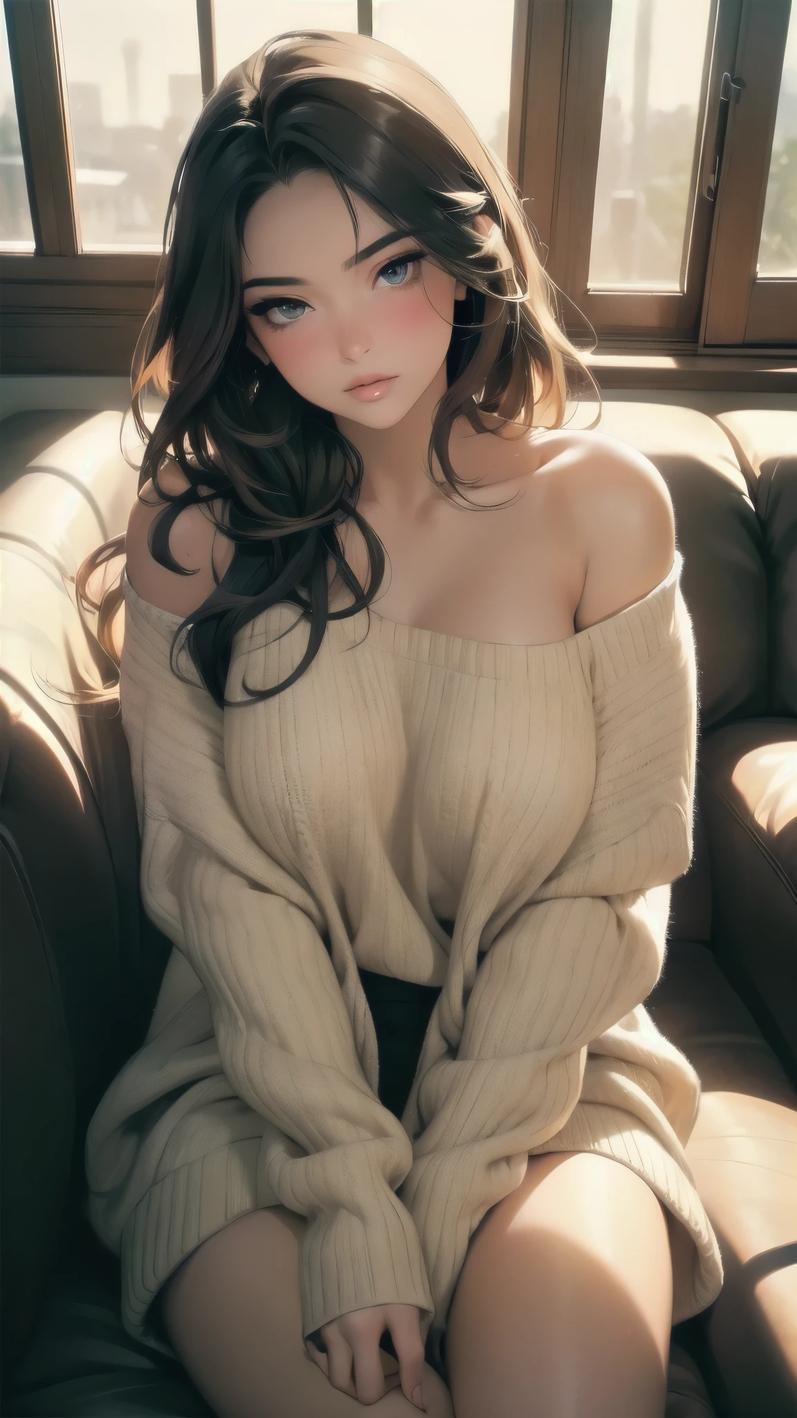 1girl, white sweaters, off shoulder, brown hair, parted lips, blue eyes,
