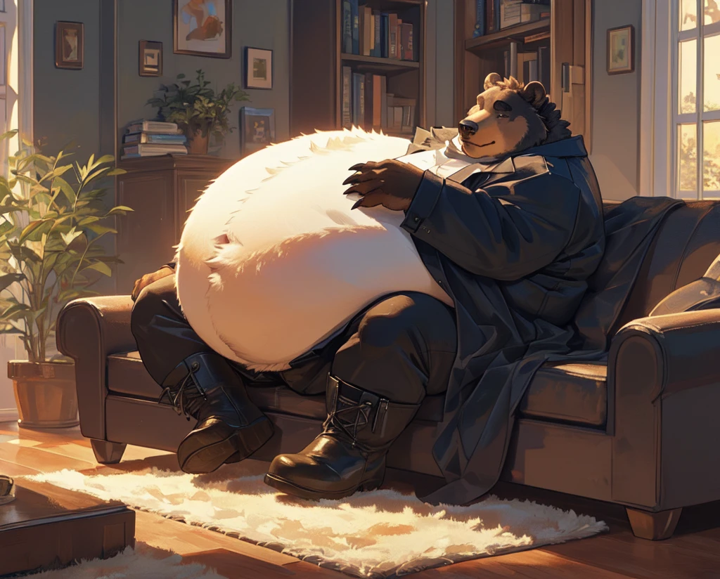 Anthro tiger or wolf or husky, chest hair, large, not muscular, overweight, chubby, fat, big belly, belly, bloated belly, bulging belly, (((vore))), digesting, bara, adult, aroused.  Wearing an open green bathrobe, ((hyper big penis)), huge testicles (duo)