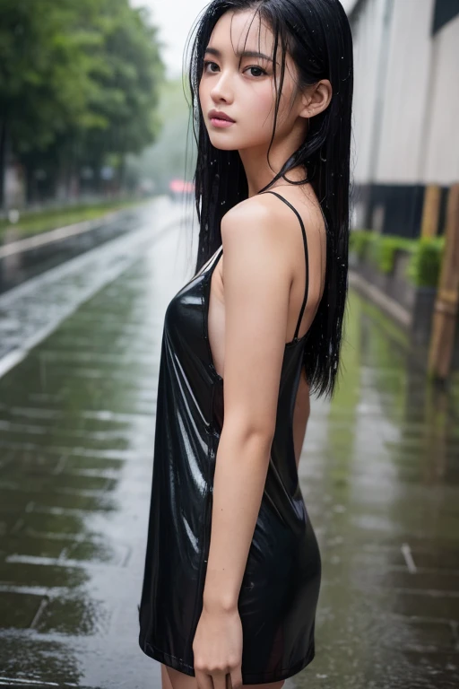 A beautiful girl, long black hair, dressed in a black poncho on a naked body, wearing black boots, bare legs, bare shoulders, against the background of a dirty sewer tunnel, a post-apocalyptic plot